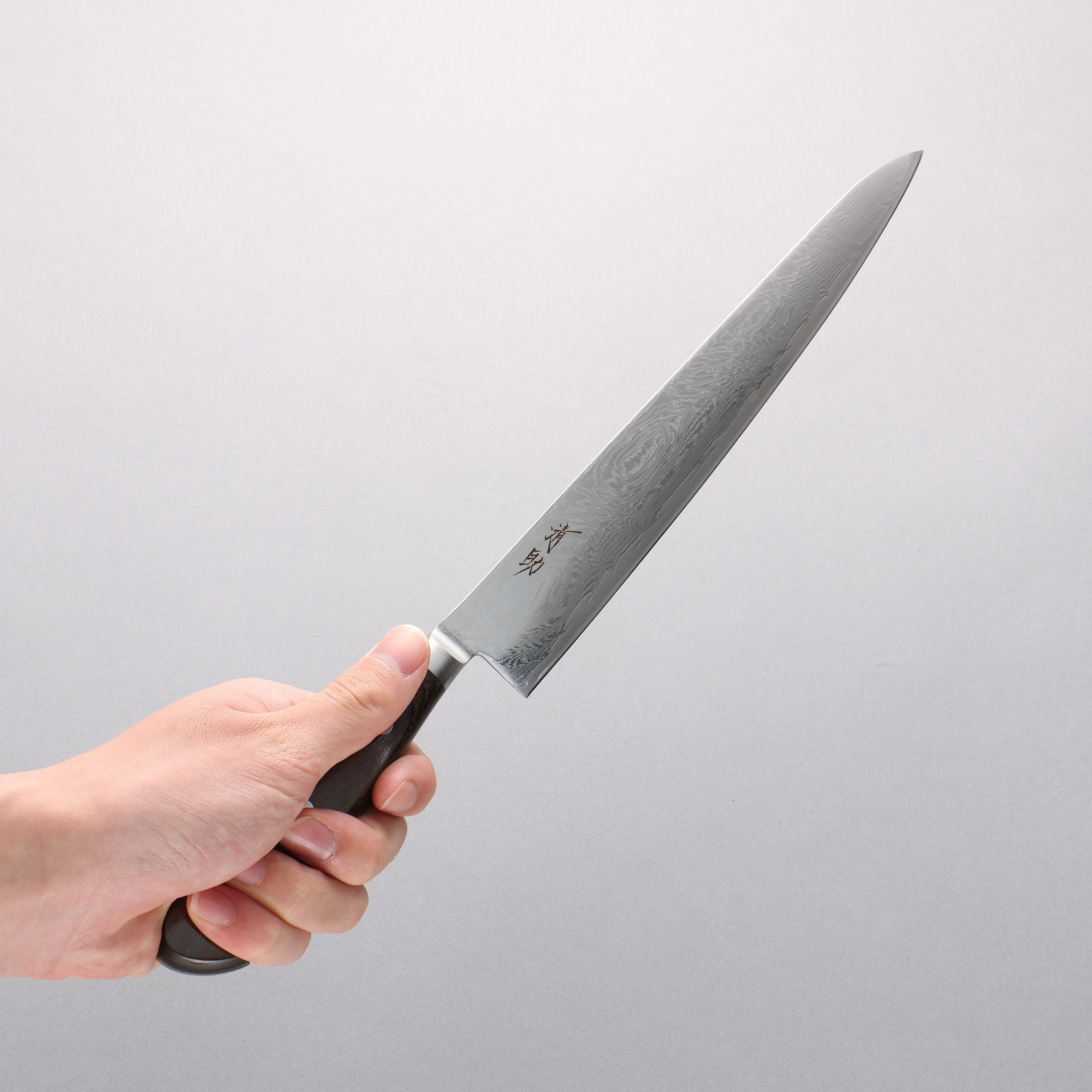 清助 海浪 AUS10 鏡面處理 大馬士革紋 筋引 240mm 茶色合成木 握把 - 清助刃物