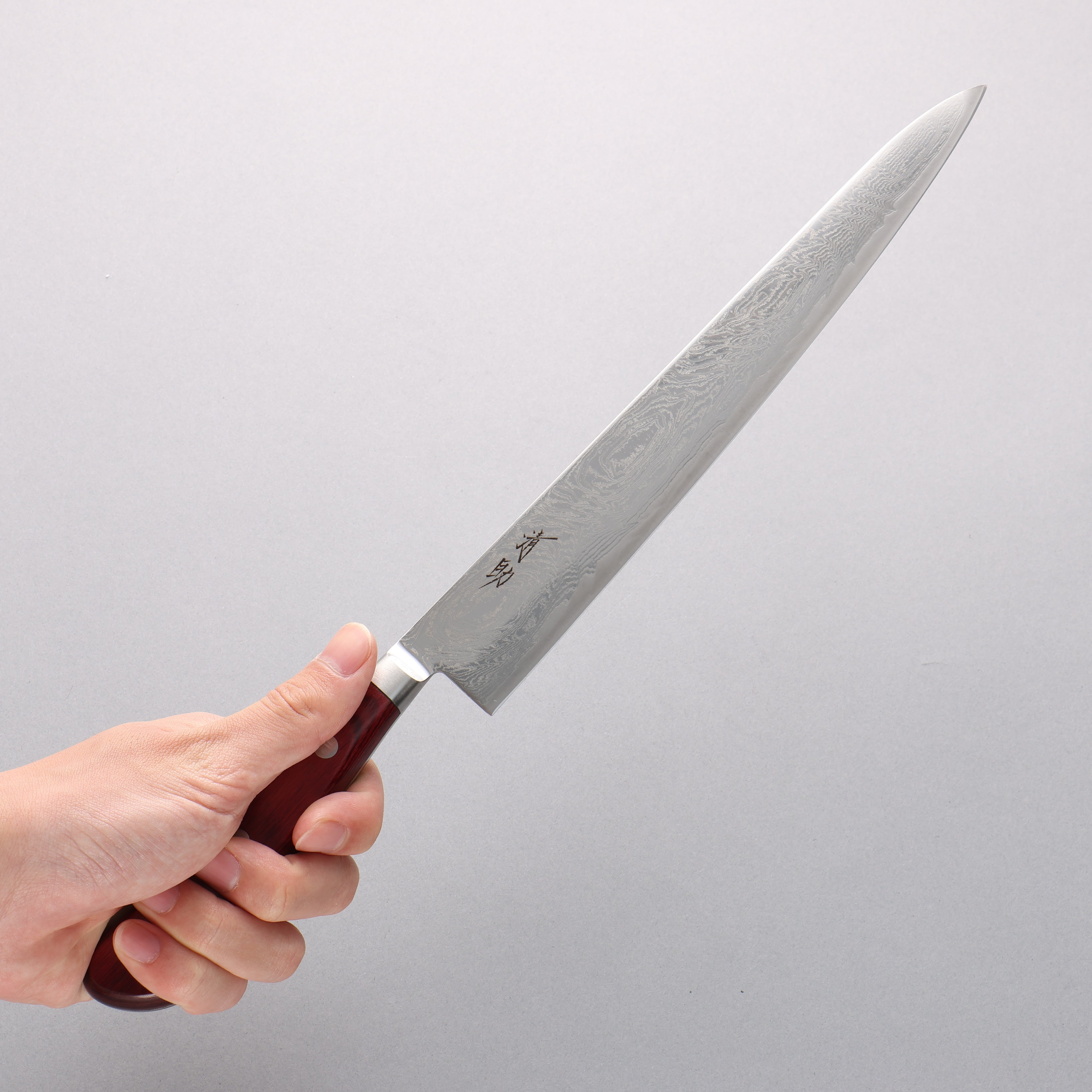 清助 海浪 AUS10 鏡面處理 大馬士革紋 筋引 240mm 紅合成木 握把 - 清助刃物