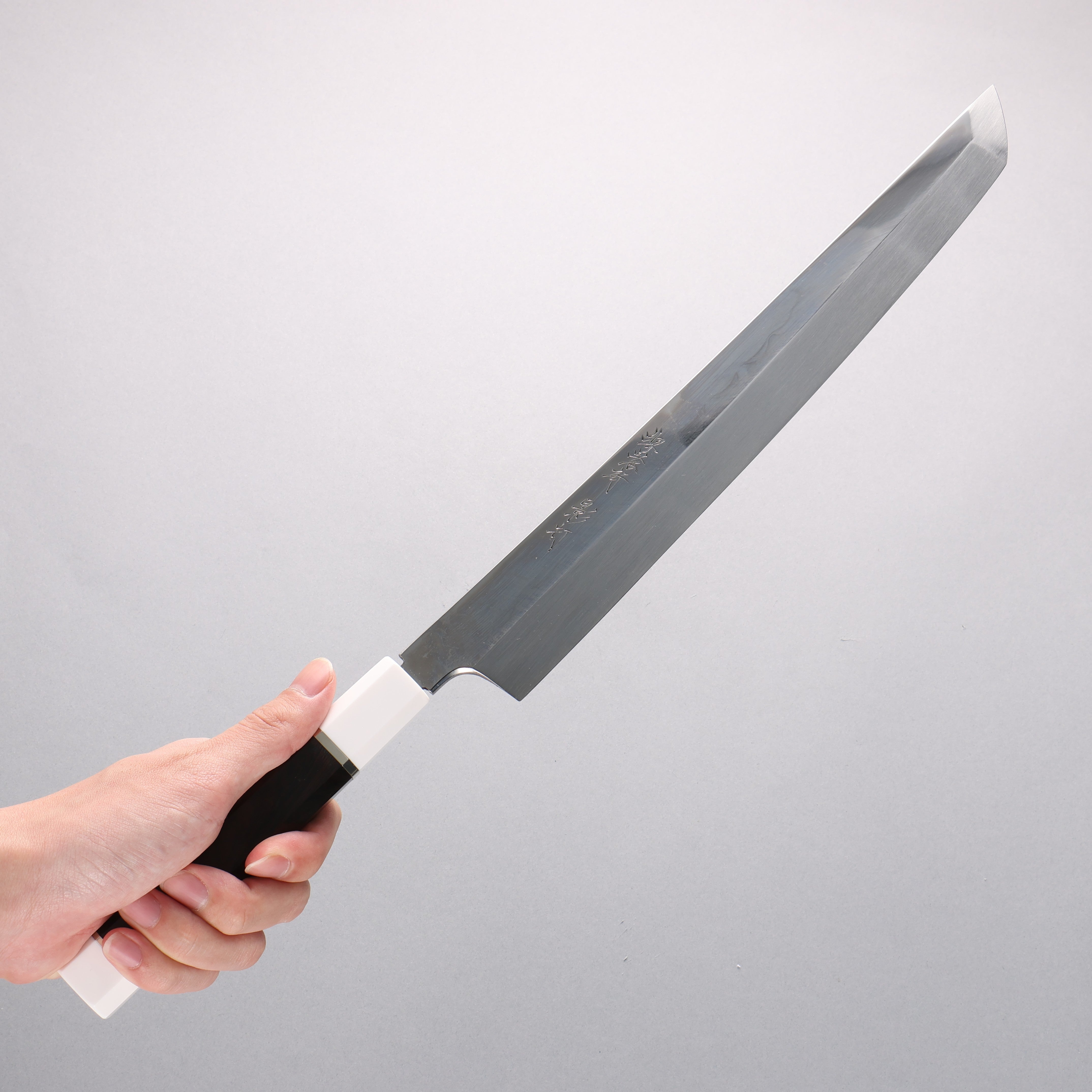 堺 孝行 影打 水本燒 白鋼二號 鏡面處理 先丸柳刃 300mm 黑檀(兩側帶水牛環型設計)握把 附刀鞘 - 清助刃物