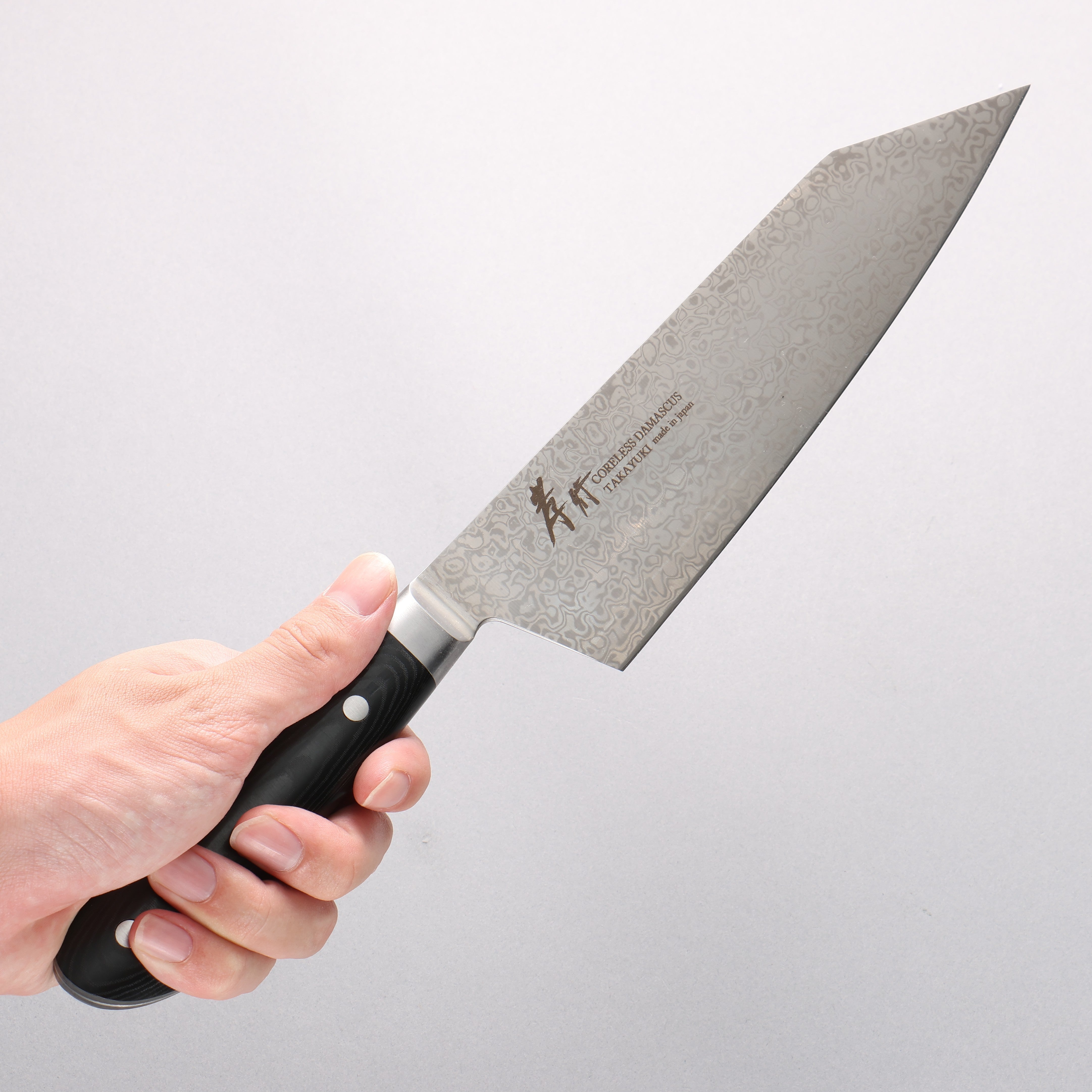 堺 孝行 無芯 大馬士革紋 劍型牛刀 190mm 黑米卡塔(樹脂複合材料)握把 - 清助刃物