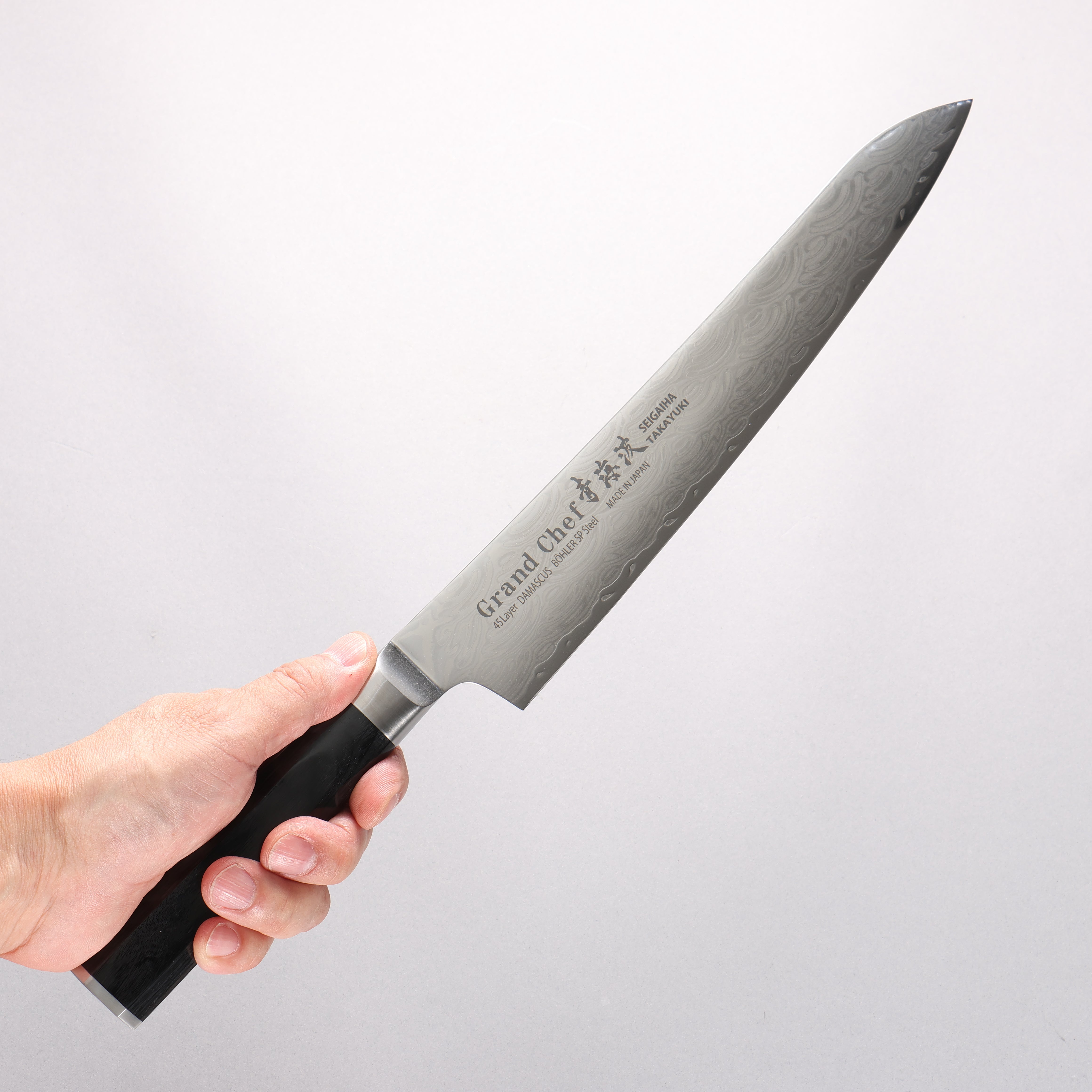 堺 孝行 青海波 Böhler SP 鋼 45層大馬士革紋 打磨處理 筋引 240mm 黑合成木 握把 - 清助刃物