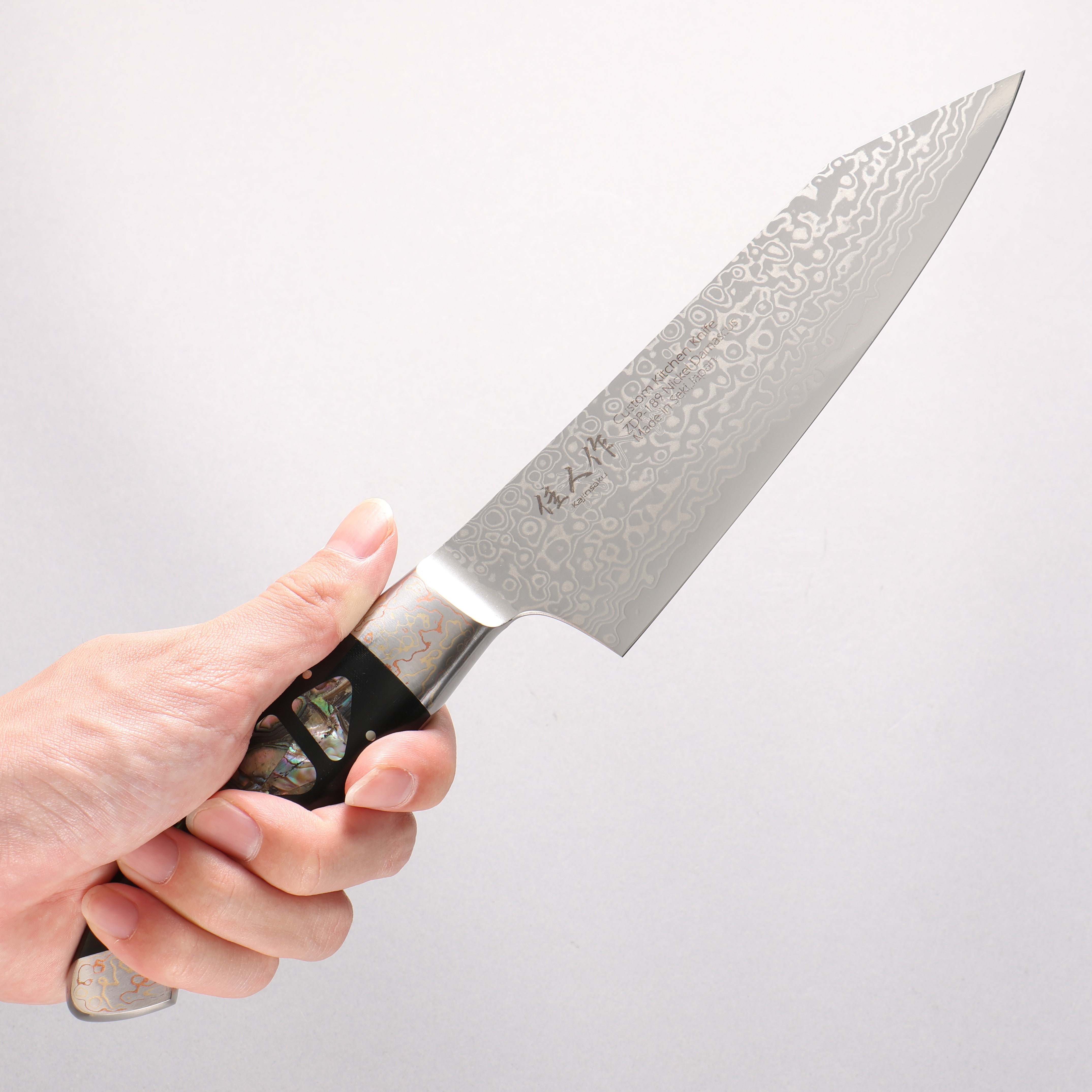 佳人 ZDP189 大馬士革紋 打磨處理 切付三德刀 165mm 鮑魚嵌細工 握把 - 清助刃物