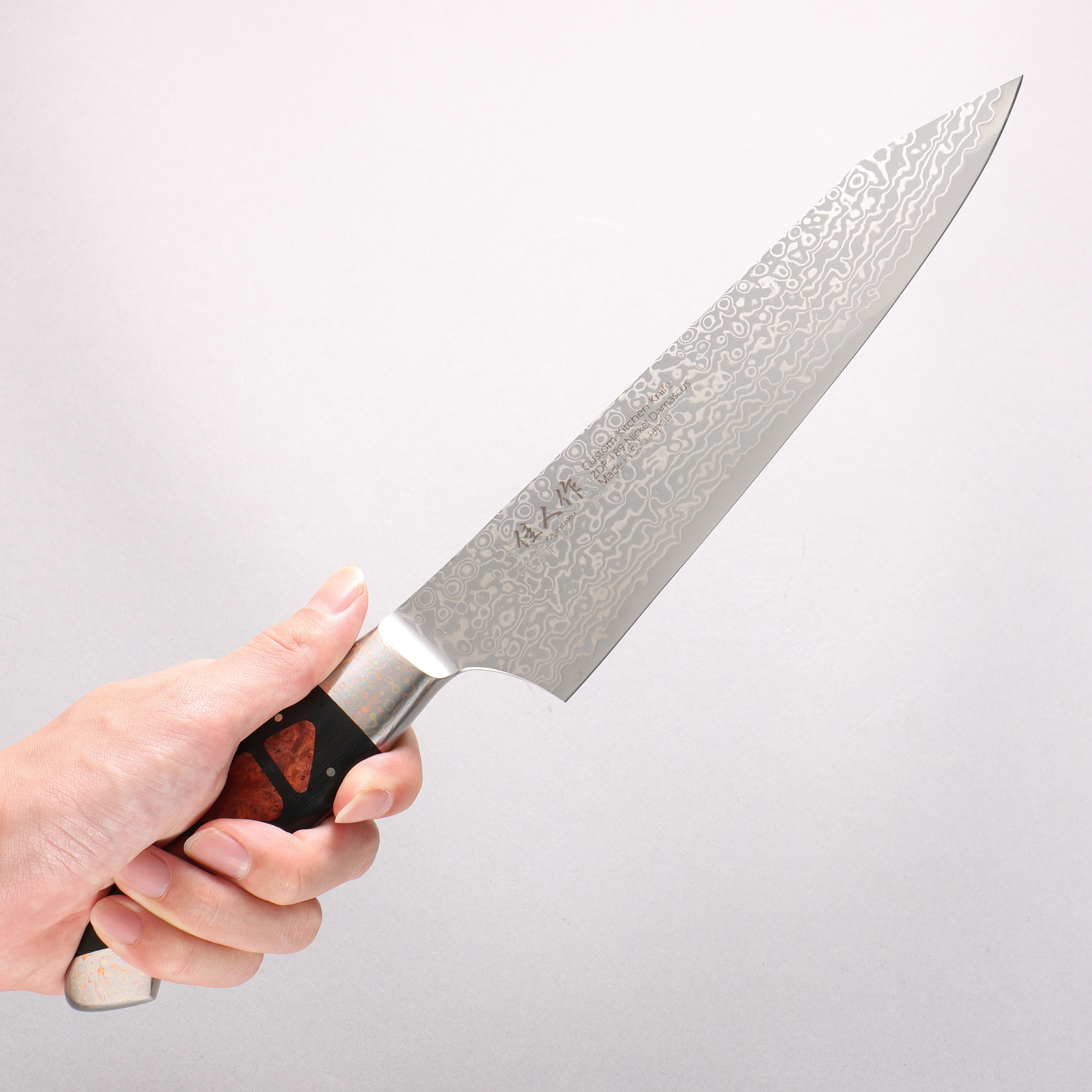 佳人 ZDP189 大馬士革紋 打磨處理 切付牛刀 210mm 哈納林瘤嵌細工 握把 - 清助刃物