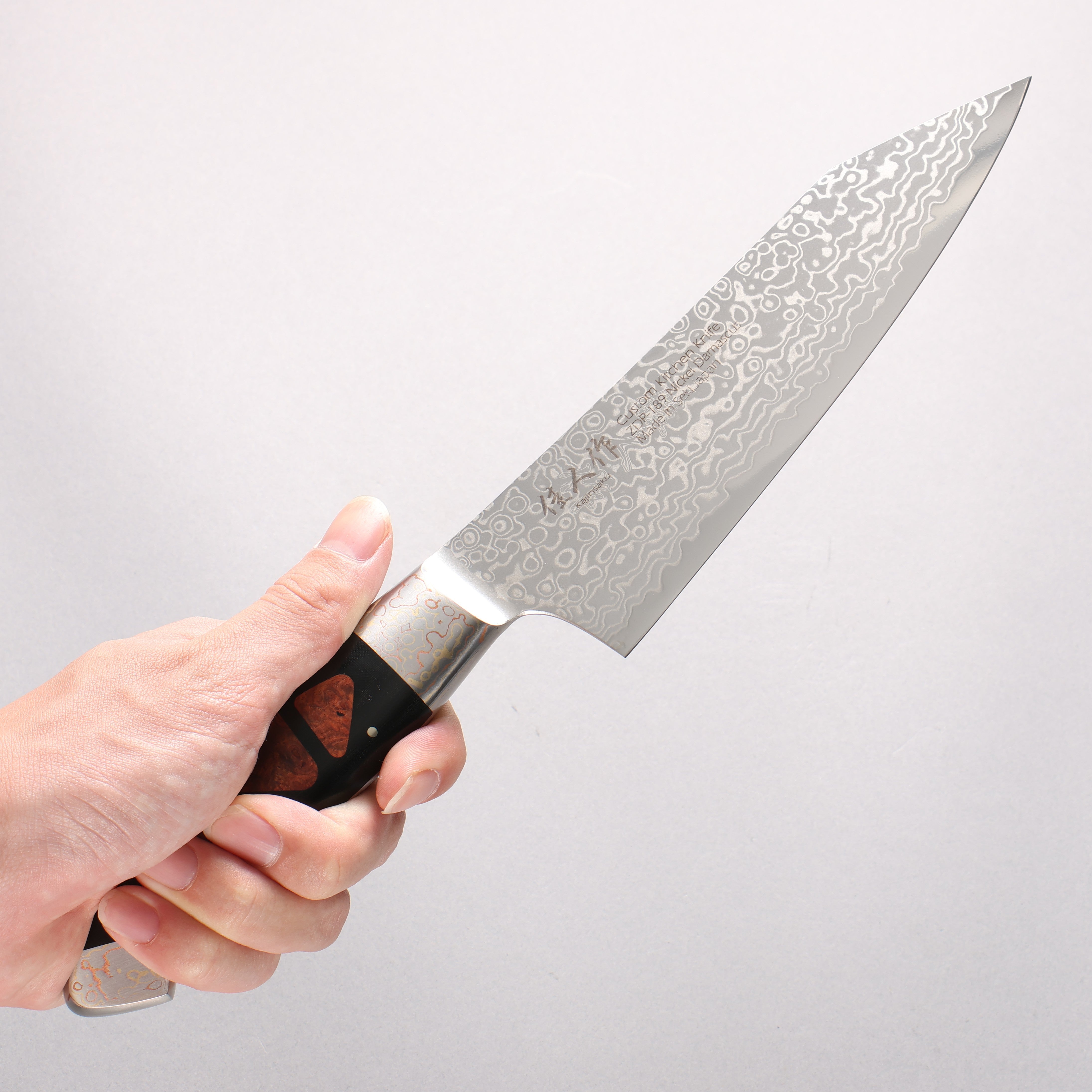 佳人 ZDP189 大馬士革紋 打磨處理 切付三德刀 165mm 哈納林瘤嵌細工 握把 - 清助刃物