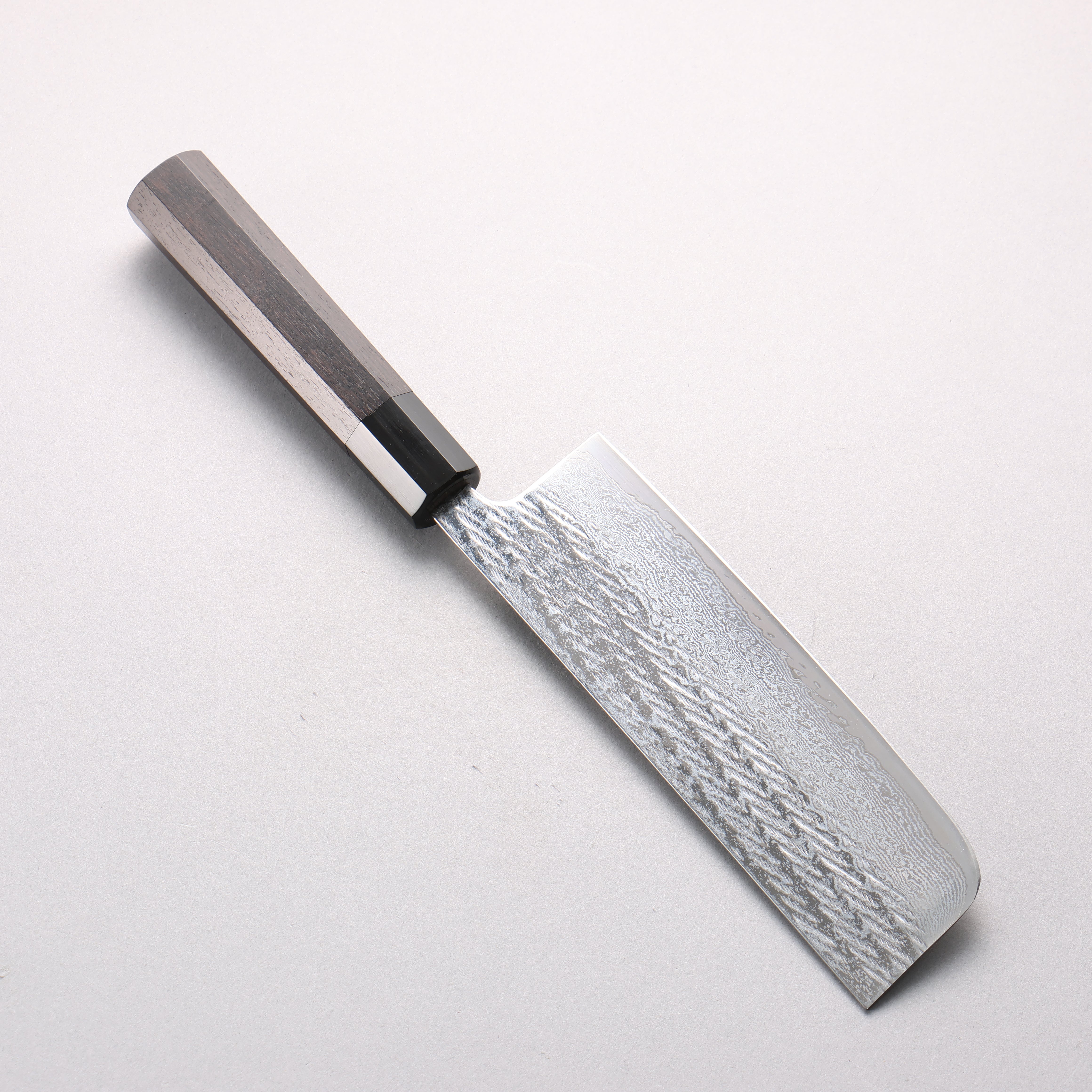 清助 銀三鋼 鎚目 大馬士革紋 繩索紋樣 菜切 165mm 黑檀 (口輪:黑水牛角) 握把 - 清助刃物