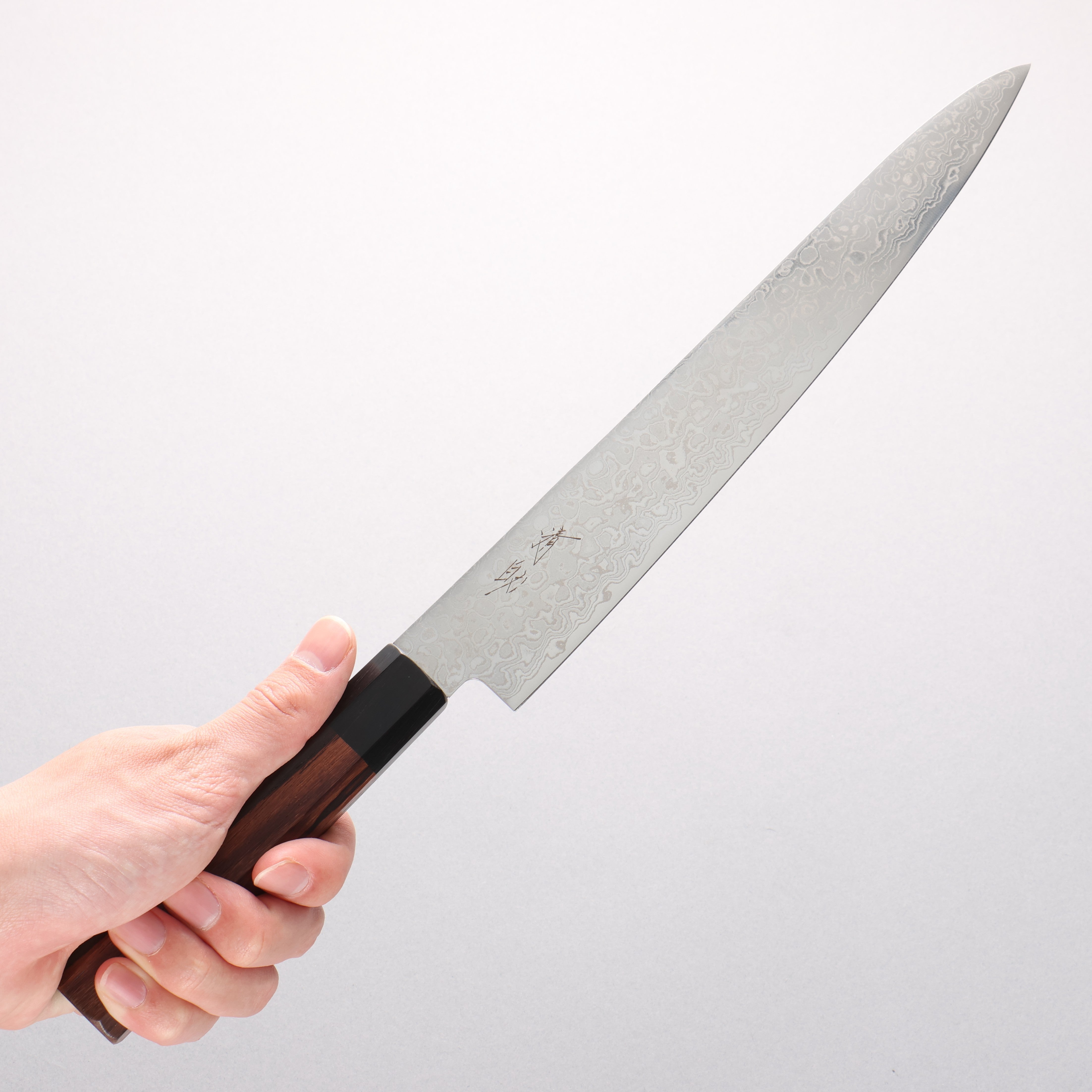 清助 AUS10 大馬士革紋 打磨處理 筋引 240mm 紫檀木(口輪:黑合成木) 握把 - 清助刃物