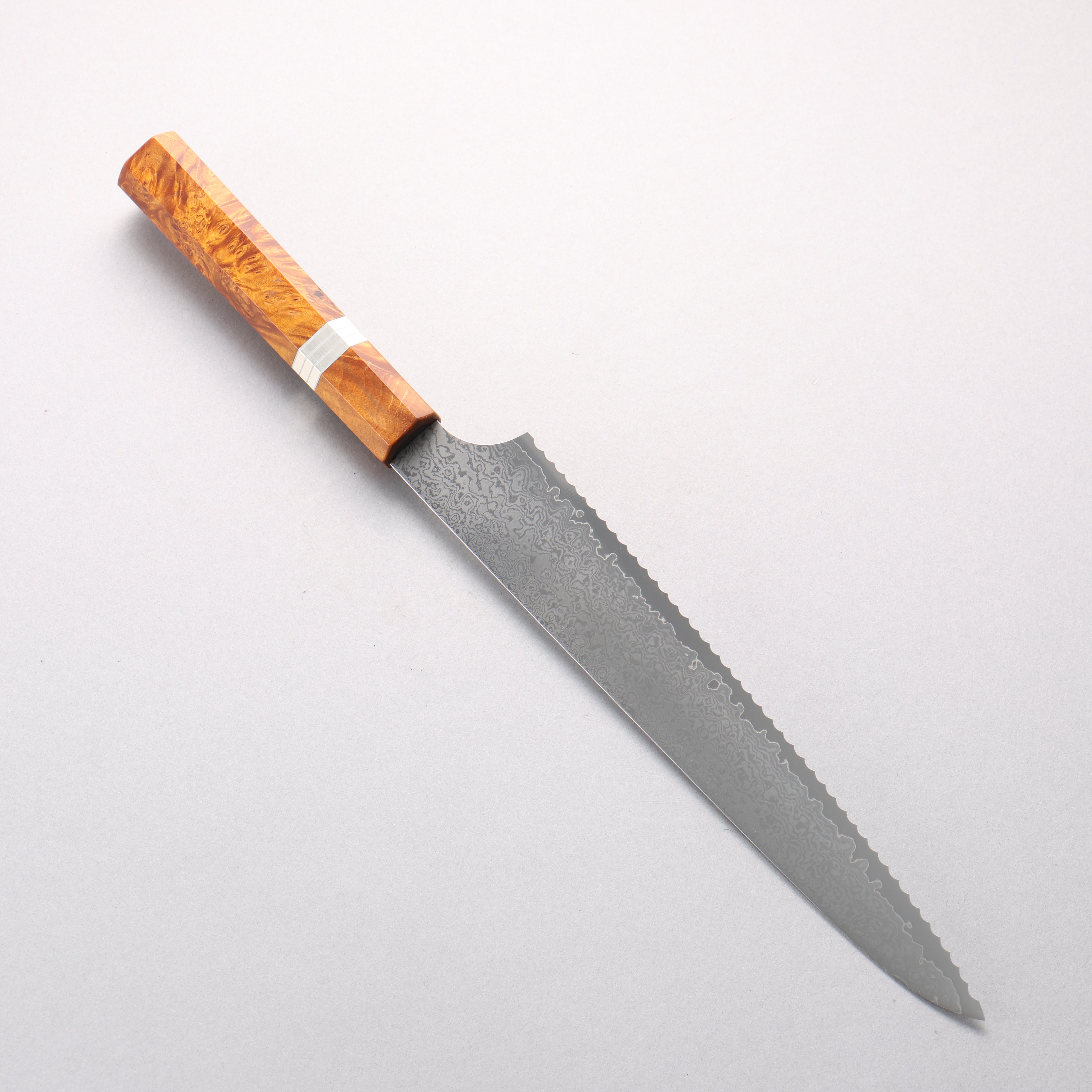 Kei VG10 大馬士革紋 麵包刀 240mm 棕色穩定木材 (銀環) 握把 - 清助刃物