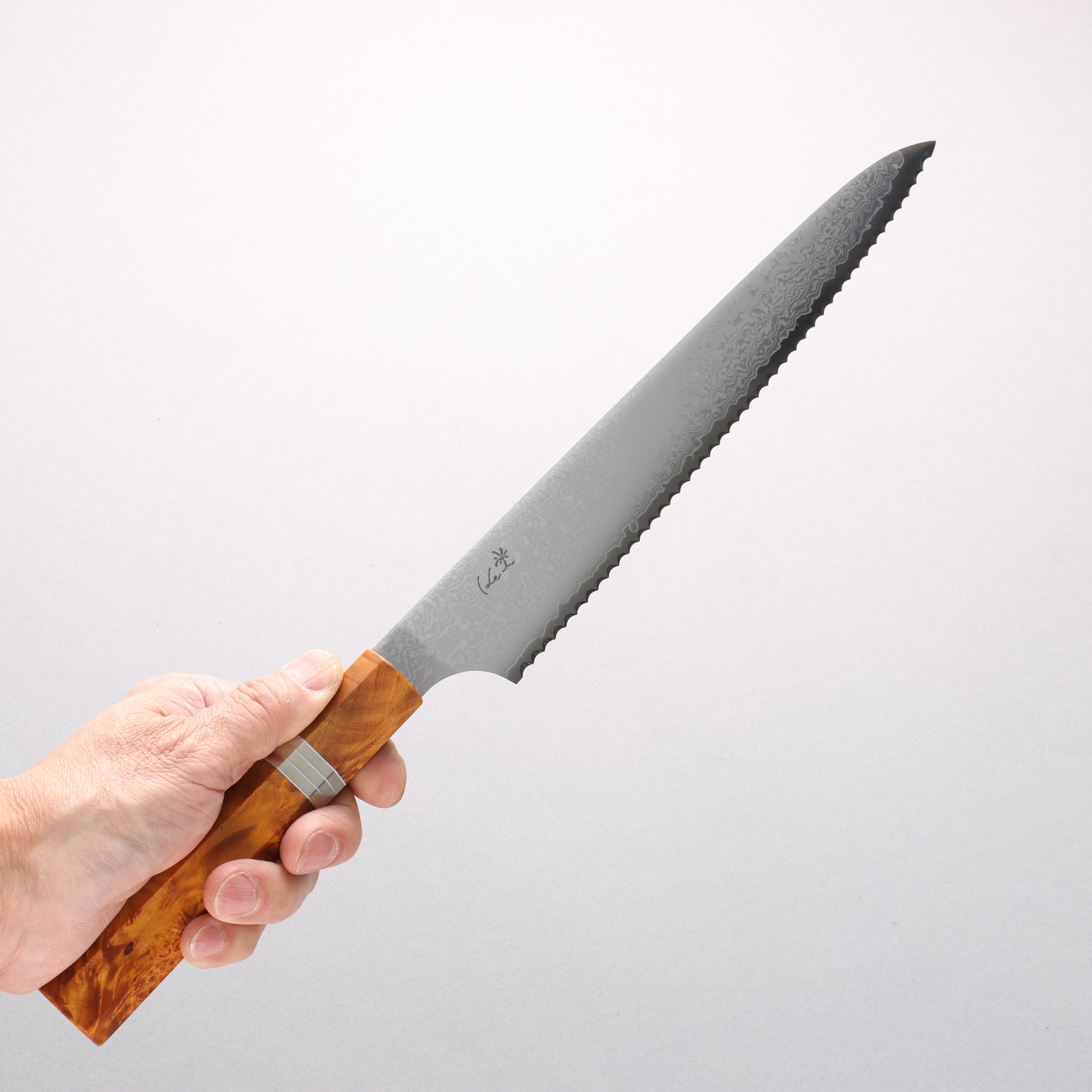 Kei VG10 大馬士革紋 麵包刀 240mm 棕色穩定木材 (銀環) 握把 - 清助刃物