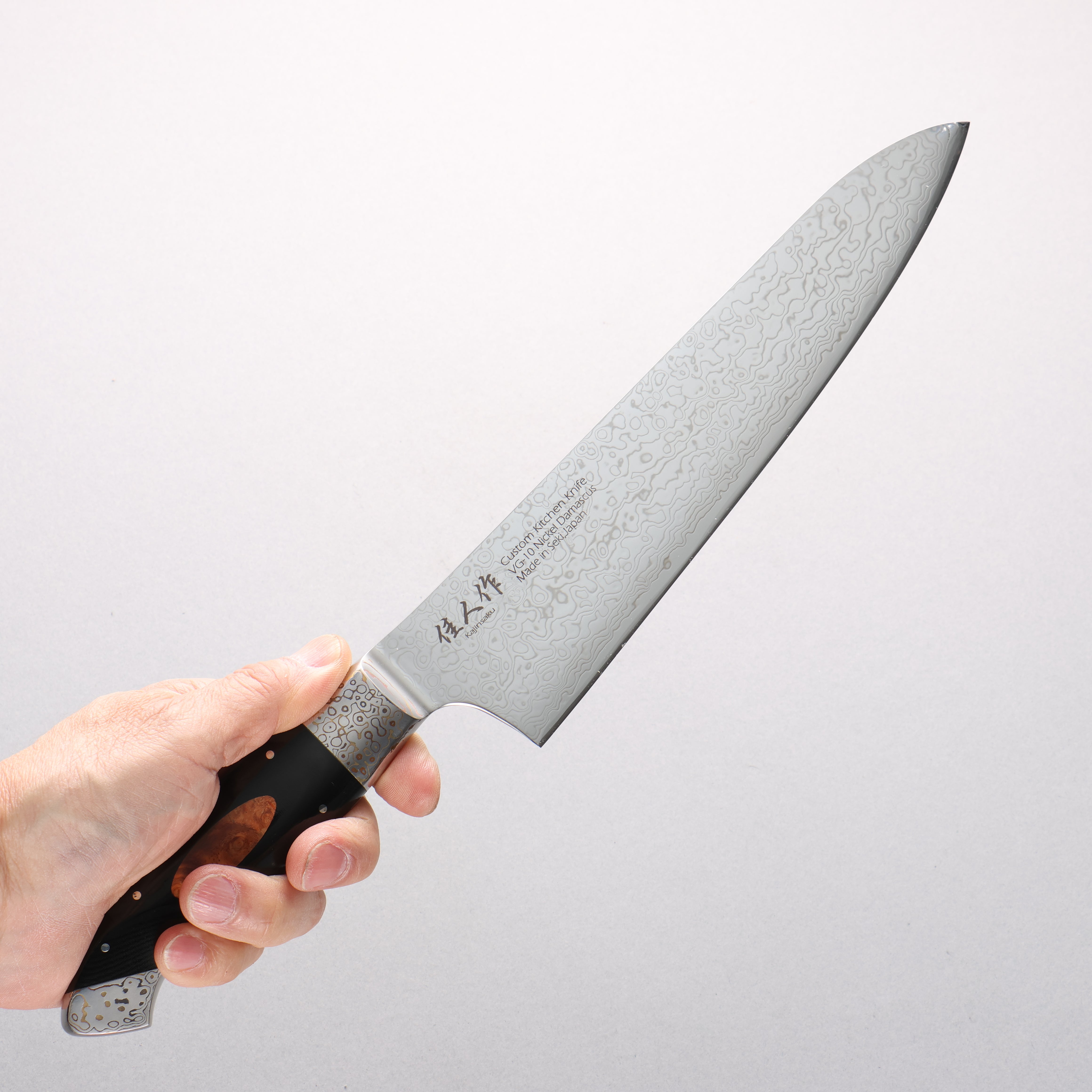 佳人 VG10 大馬士革紋 牛刀 210mm 黑米卡塔(樹脂複合材料)(木鑲嵌) 握把 - 清助刃物