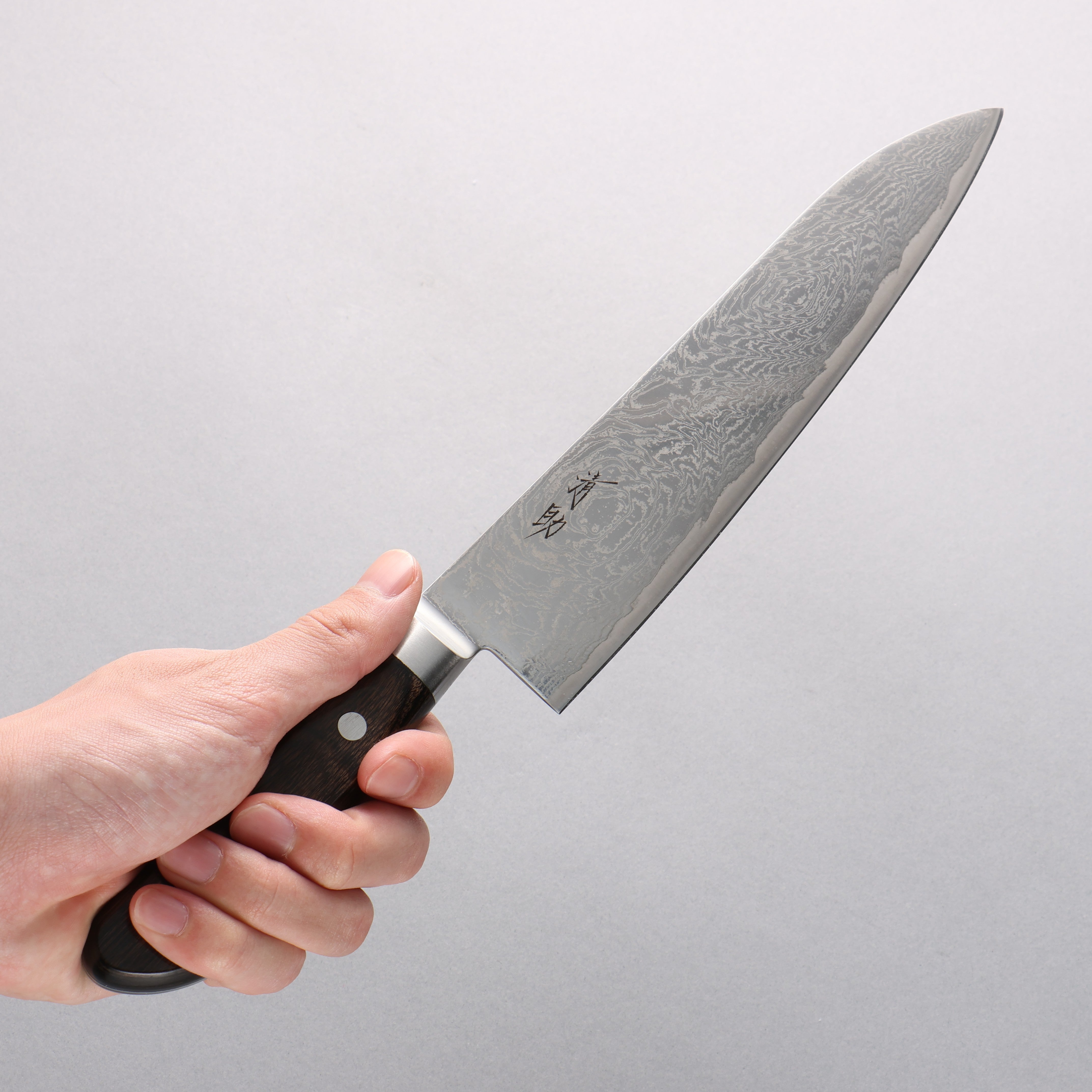 清助 海浪 AUS10 鏡面處理 大馬士革紋 牛刀 210mm 茶色合成木 握把 - 清助刃物