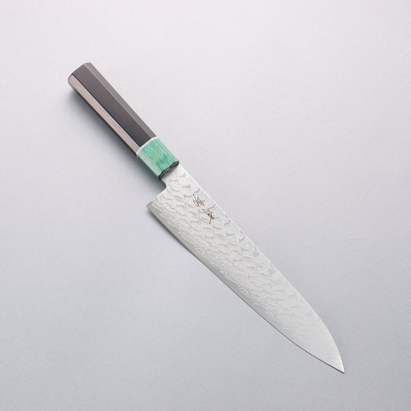 清助 AUS10 鏡面菱格紋 牛刀 210mm 黑合成木（口輪：綠合成木） 握把 - 清助刃物