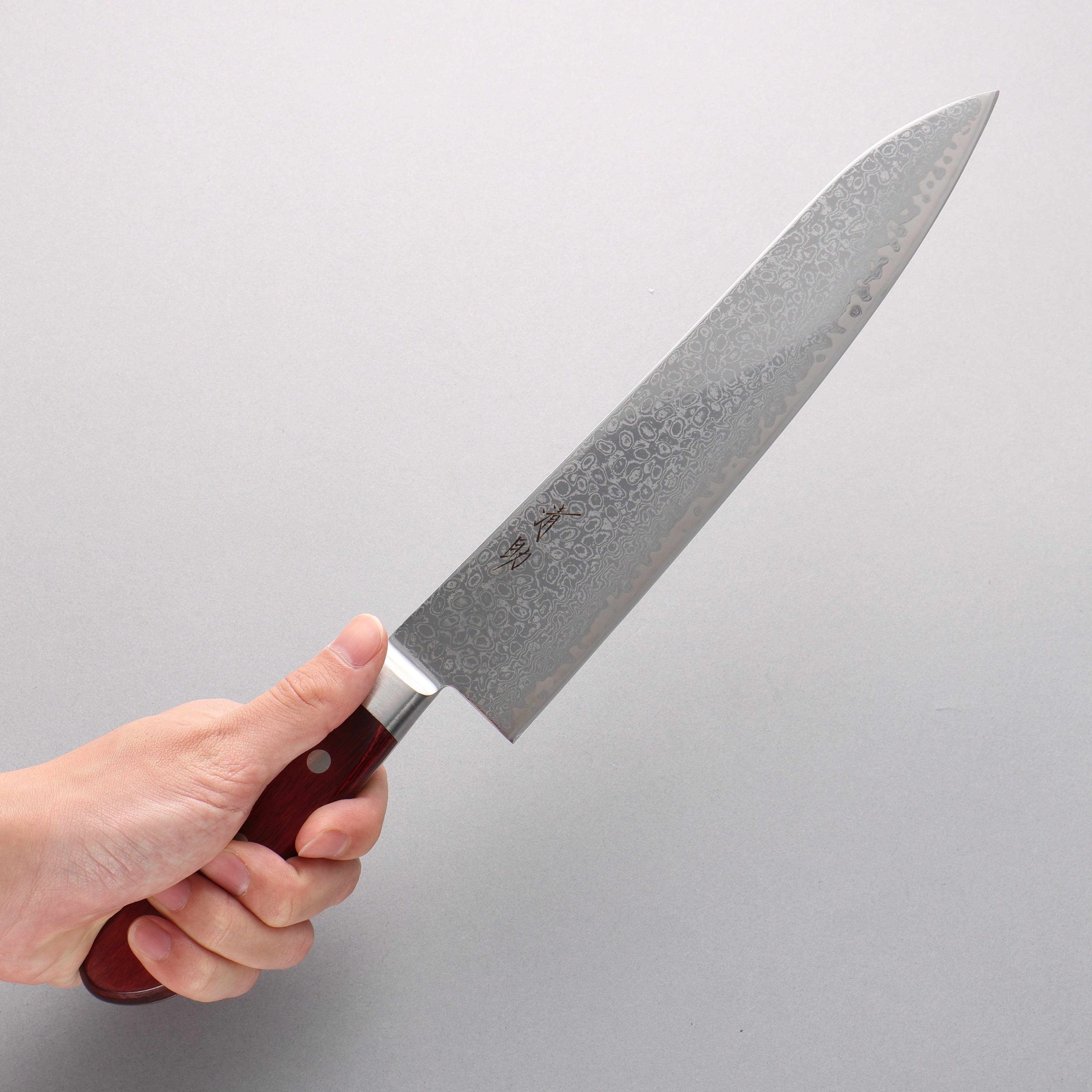 清助 鏡子2 AUS10 鏡面處理 大馬士革紋 牛刀 240mm 紅合成木 握把 - 清助刃物