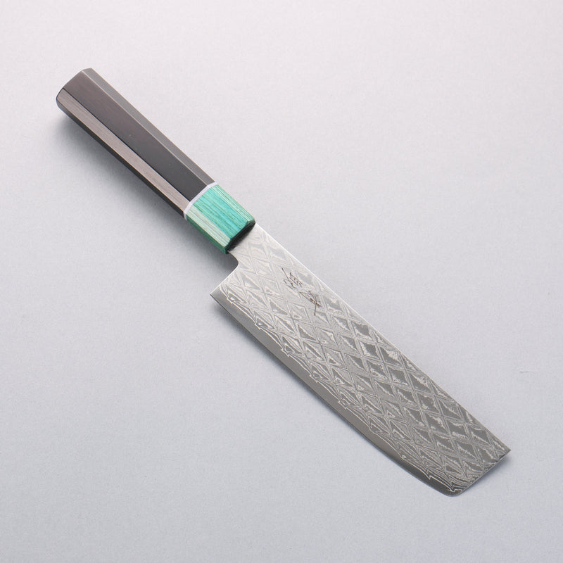清助 AUS10 鏡面菱格紋 薄刃 160mm 黑合成木（口輪：綠合成木） 握把 - 清助刃物