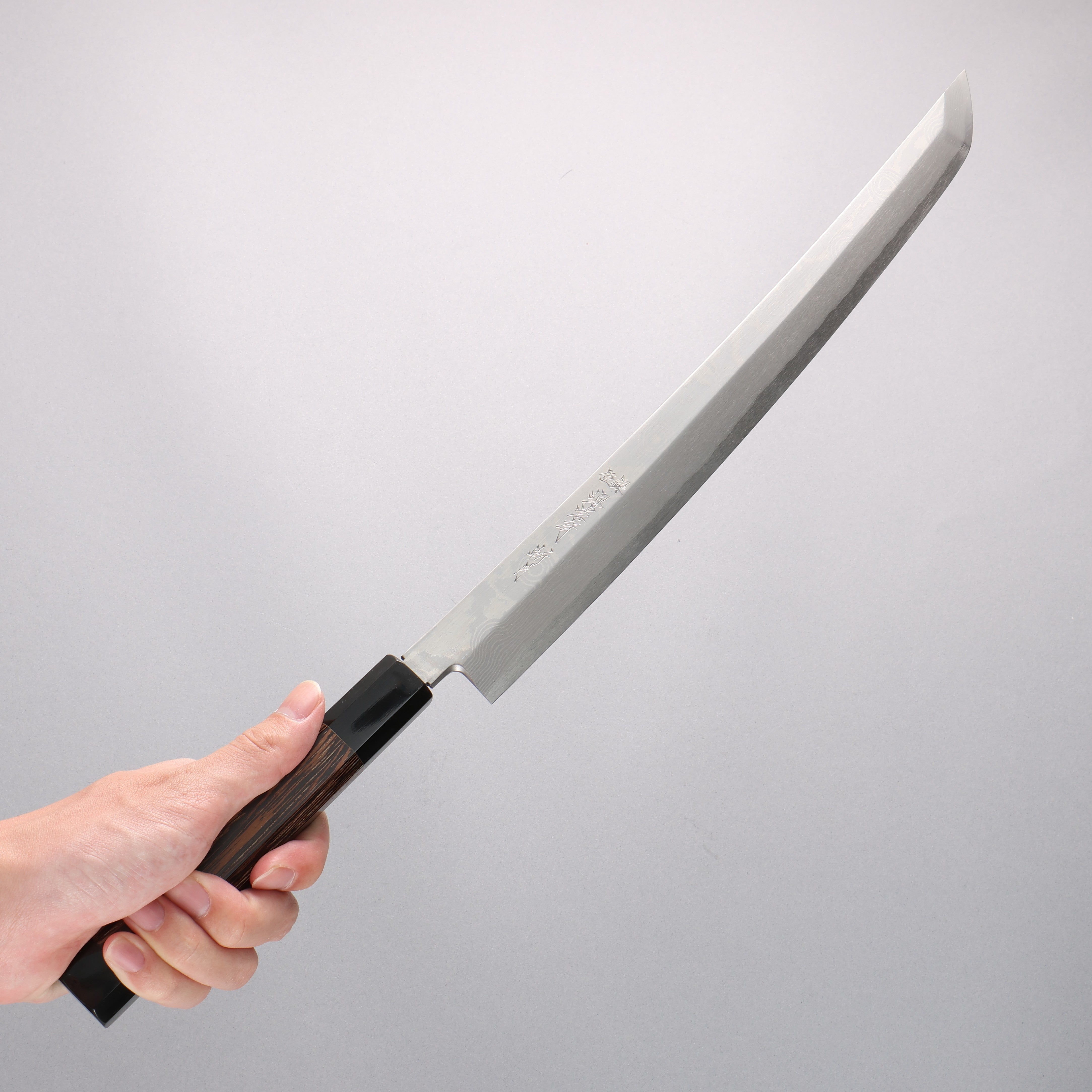 堺 孝行 斬月 炎天 銀三鋼 大馬士革紋 先丸柳刃 330mm 雞翅木（兩側帶水牛環型設計） 握把 附刀鞘 - 清助刃物