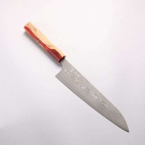 加藤 義實 SG2 黑色大馬士革紋 牛刀 210mm 橄欖和紅色樹脂 握把 - 清助刃物