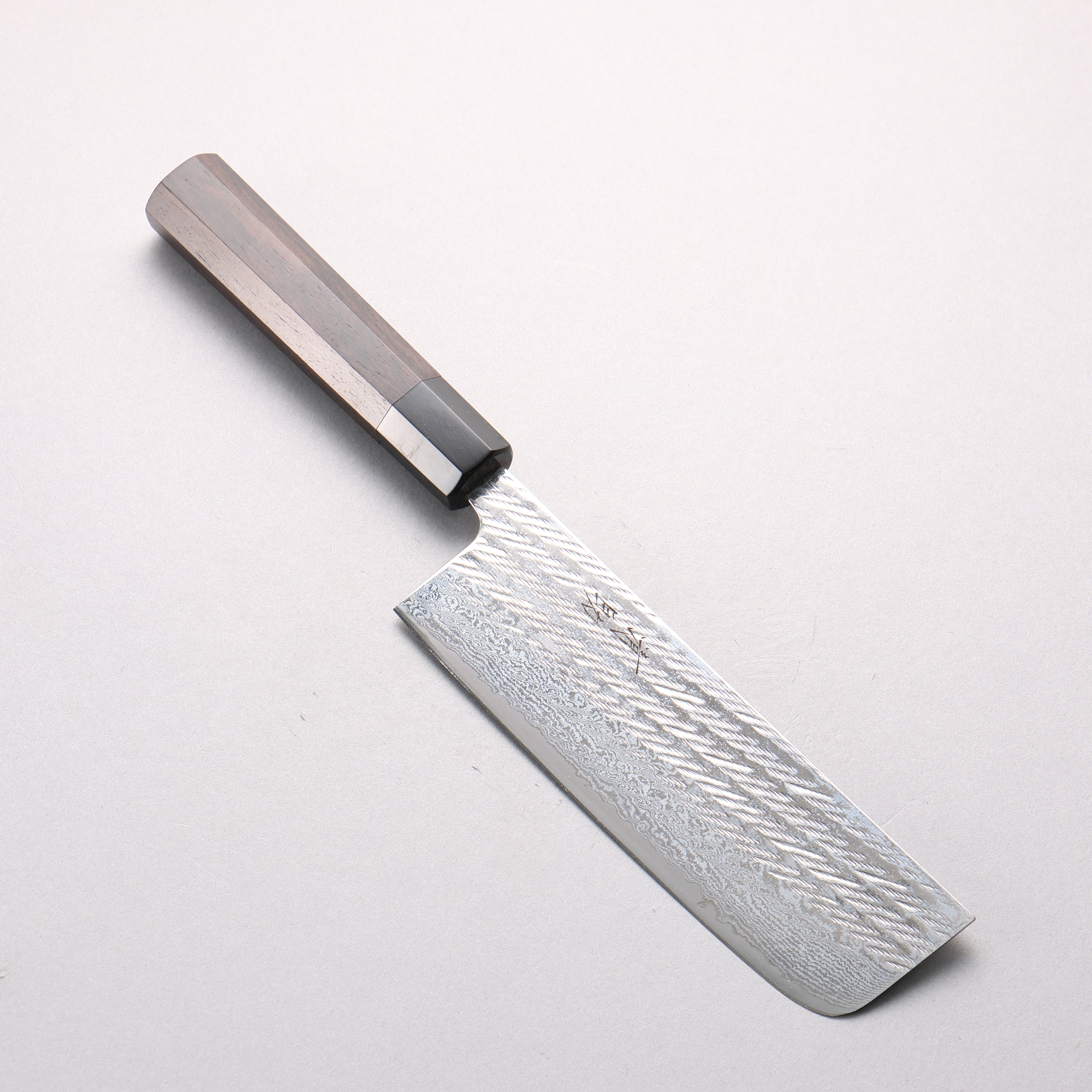 清助 銀三鋼 鎚目 大馬士革紋 繩索紋樣 菜切 165mm 黑檀 (口輪：黑水牛角) 握把 - 清助刃物