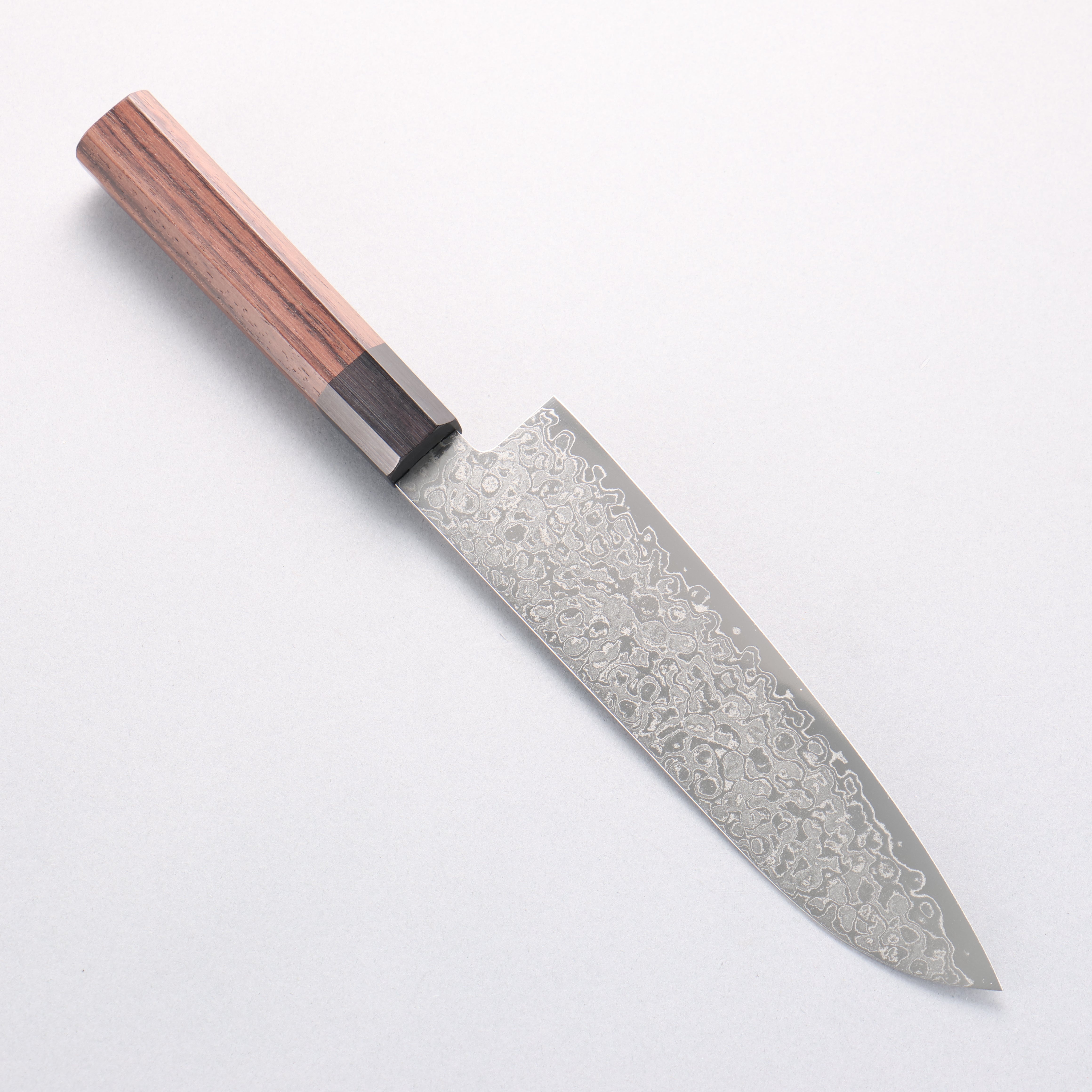 清助 AUS10 大馬士革紋 打磨處理 三德刀 180mm 紫檀木（口輪：黑合成木） 握把 - 清助刃物