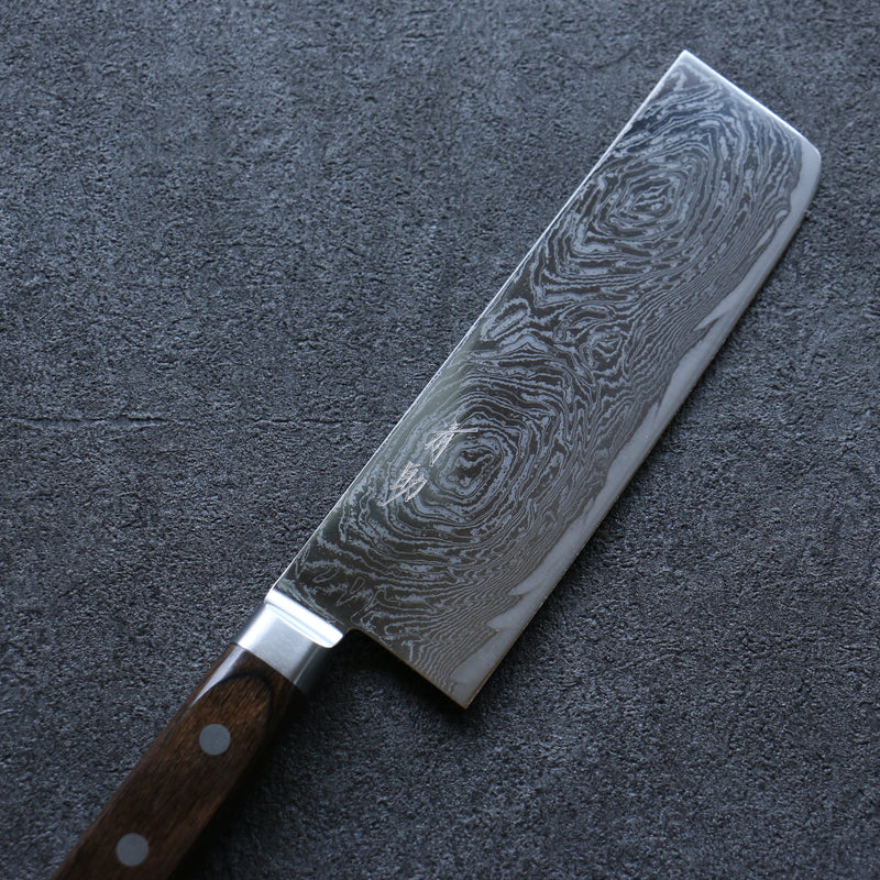 清助 海浪 AUS10 鏡面處理 大馬士革紋 菜切  165mm 茶色合成木 握把 - 清助刃物
