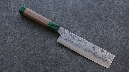 清助 超級青鋼 鎚目 菜切 日本刀 165mm 核桃木（兩側帶綠色環型設計） 握把 - 清助刃物