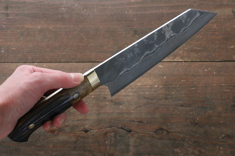 佐治 武士 VG10 黑色大馬士革紋 文化刀 日本刀 180mm 茶色牛骨 握把 - 清助刃物