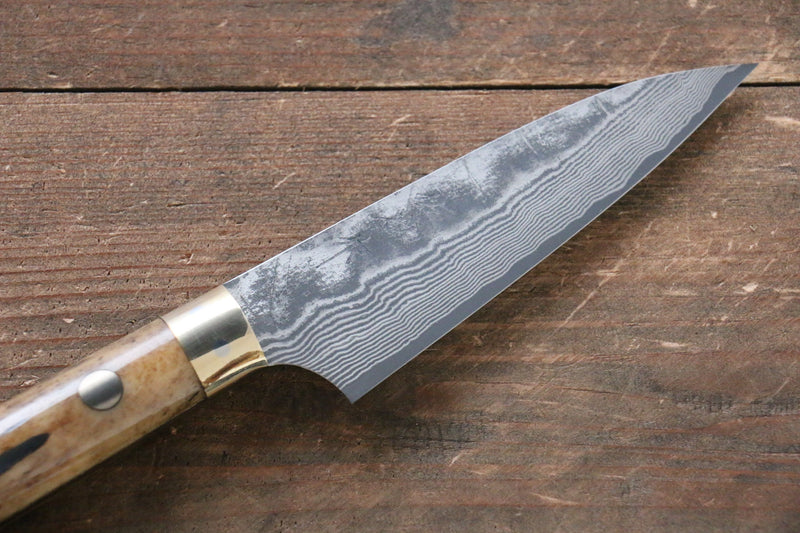 佐治 武士 VG10 黑色大馬士革紋 多用途小刀 日本刀 90mm 茶色牛骨 握把 - 清助刃物