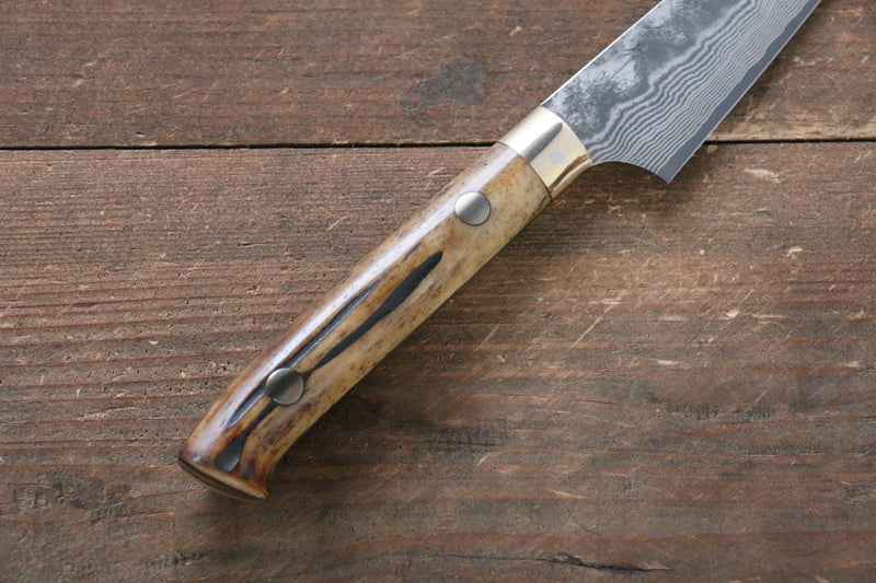 佐治 武士 VG10 黑色大馬士革紋 多用途小刀 日本刀 90mm 茶色牛骨 握把 - 清助刃物