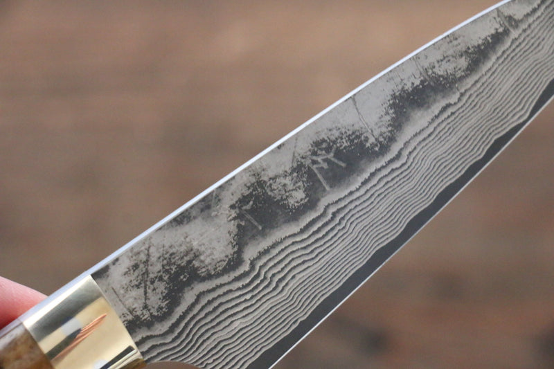 佐治 武士 VG10 黑色大馬士革紋 多用途小刀 日本刀 90mm 茶色牛骨 握把 - 清助刃物