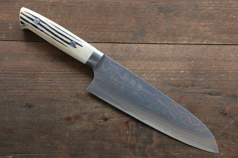 佐治 武士 青鋼二號 有色大馬士革紋 三德刀 日本刀 180mm 白牛骨 握把 - 清助刃物