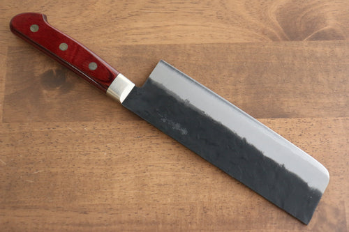 清助 黑梨 超級青鋼 梨地 黑打 菜切 日本刀 165mm 紅合成木 握把 - 清助刃物