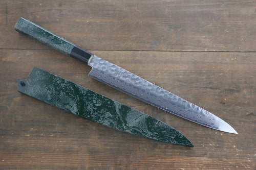 堺 孝行 AUS10 45層大馬士革紋 鎚目 筋引  240mm 綠漆塗握把 附刀鞘 - 清助刃物