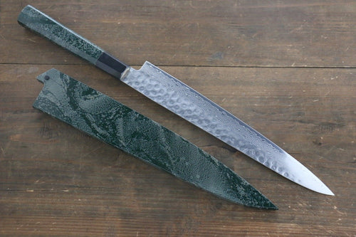 堺 孝行 AUS10 45層大馬士革紋 鎚目 筋引  240mm 綠漆塗握把 附刀鞘 - 清助刃物