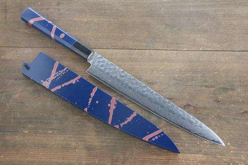 堺 孝行 AUS10 45層大馬士革紋 鎚目 筋引  240mm 青漆塗握把 附刀鞘 - 清助刃物