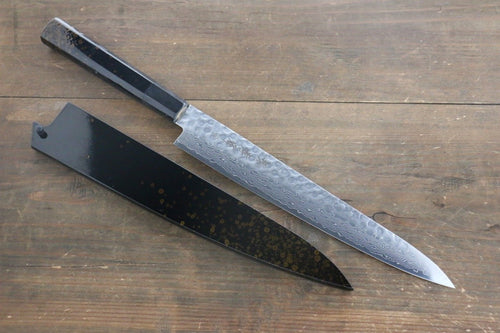 堺 孝行 AUS10 45層大馬士革紋 鎚目 筋引  240mm 金漆塗握把 附刀鞘 - 清助刃物