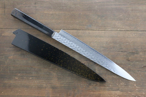 堺 孝行 AUS10 45層大馬士革紋 鎚目 筋引  240mm 金漆塗握把 附刀鞘 - 清助刃物